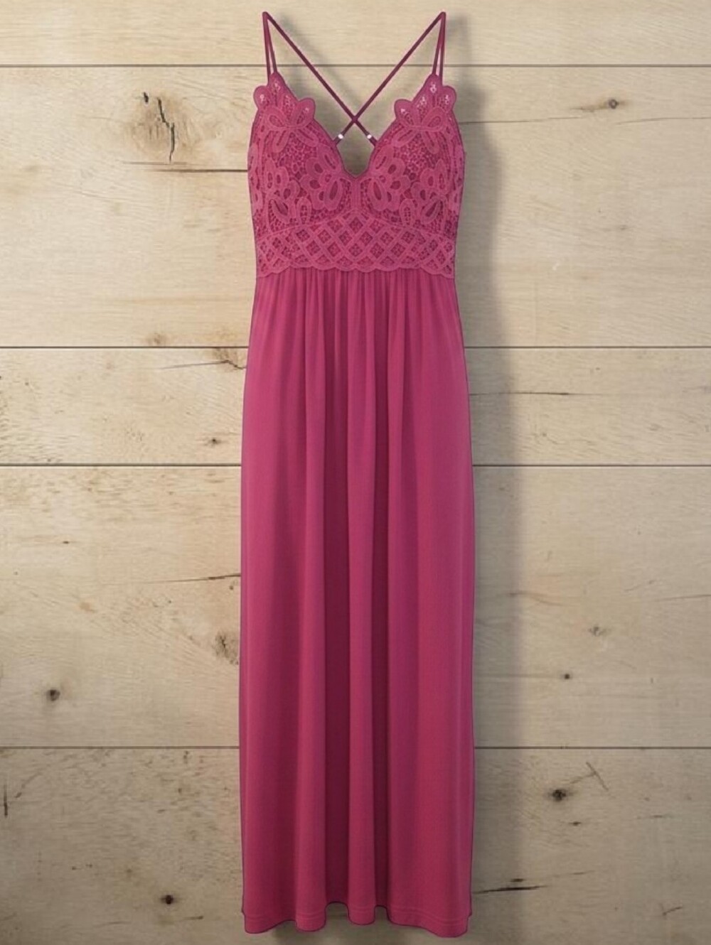 Soho Fuchsia Lace Bodice Maxi Dress with Crisscross Straps Beachy Flowy Barbie